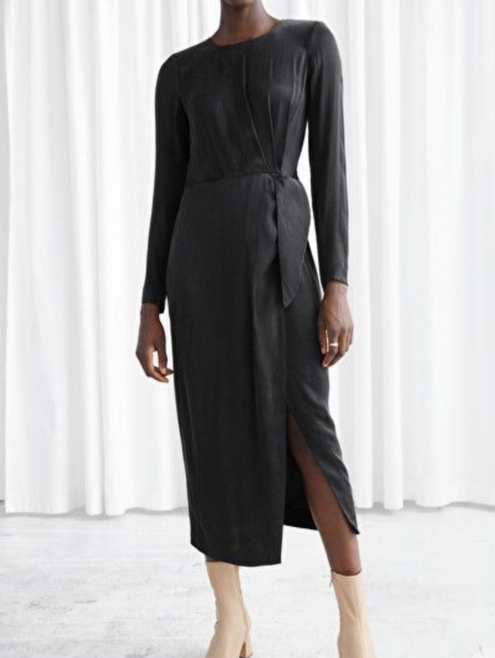 & Other Stories Black Long-Sleeve Satin Wrap-Detail Dress